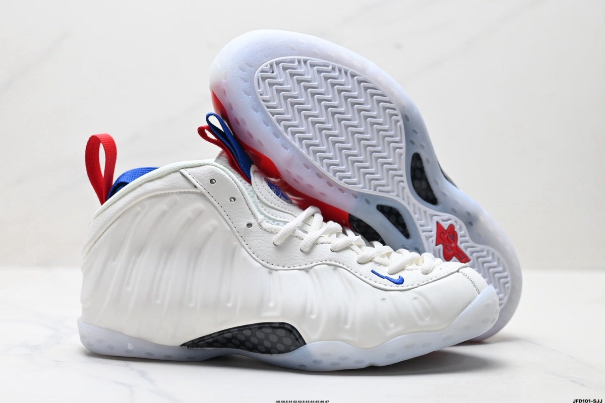 Nike Air Foamposite One Penny Hardaway Sneakers in White Blue Red - product image from the listing.