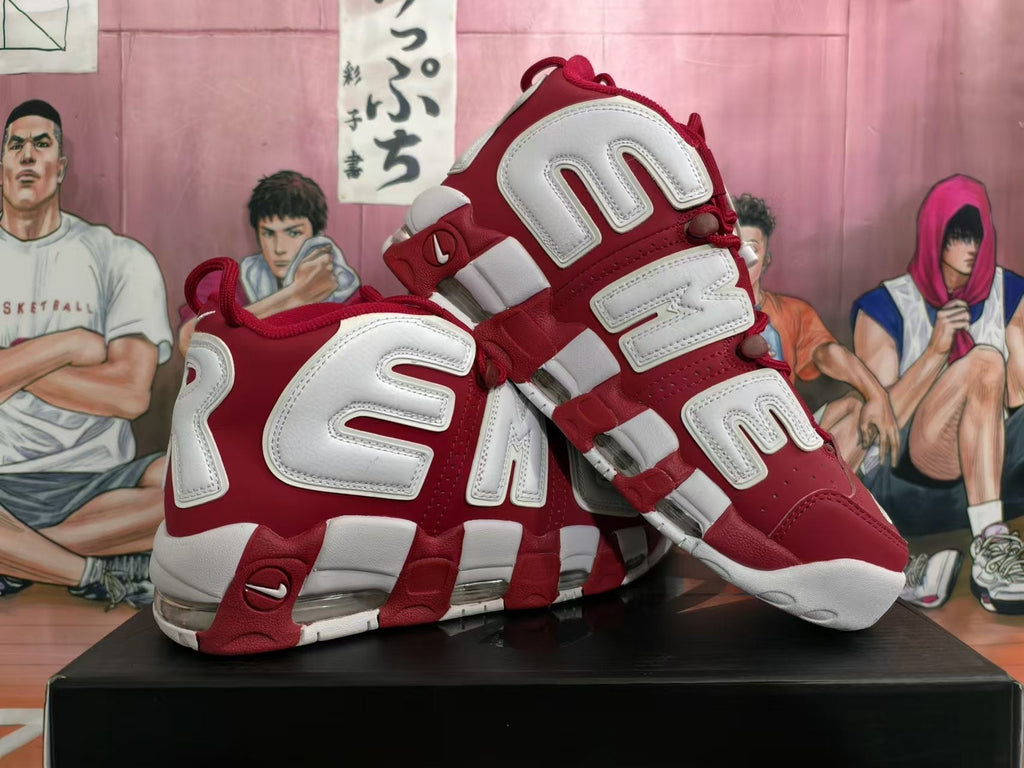 Nike Air More Uptempo Basketball Sneakers in Red and White - product image from the listing.