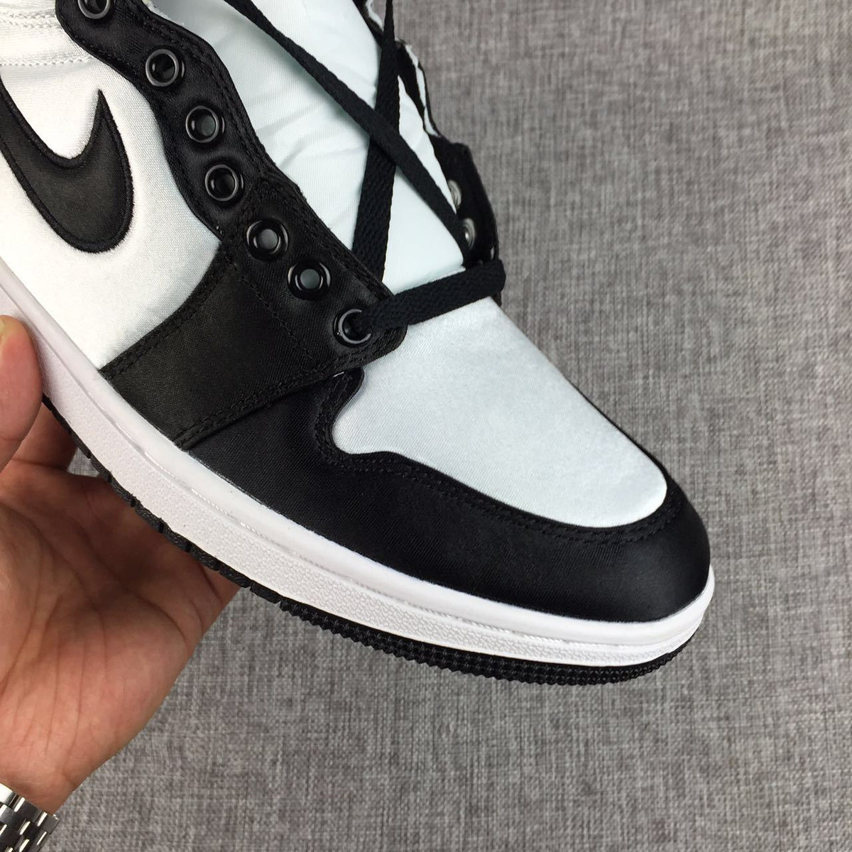Black and White Satin-Style Sneakers - Air Jordan 1 High - product image from the listing.