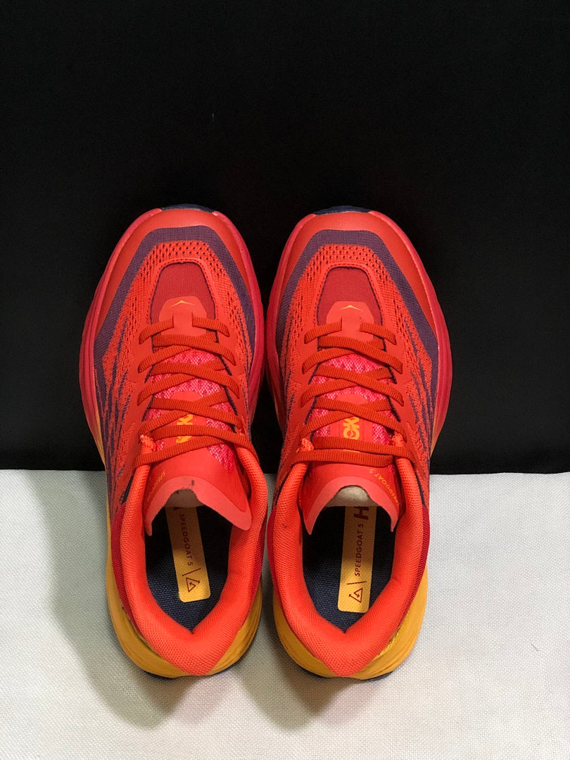 HOKA Speedgoat 5 Trail Running Shoes in Red and Yellow - product image from the listing.