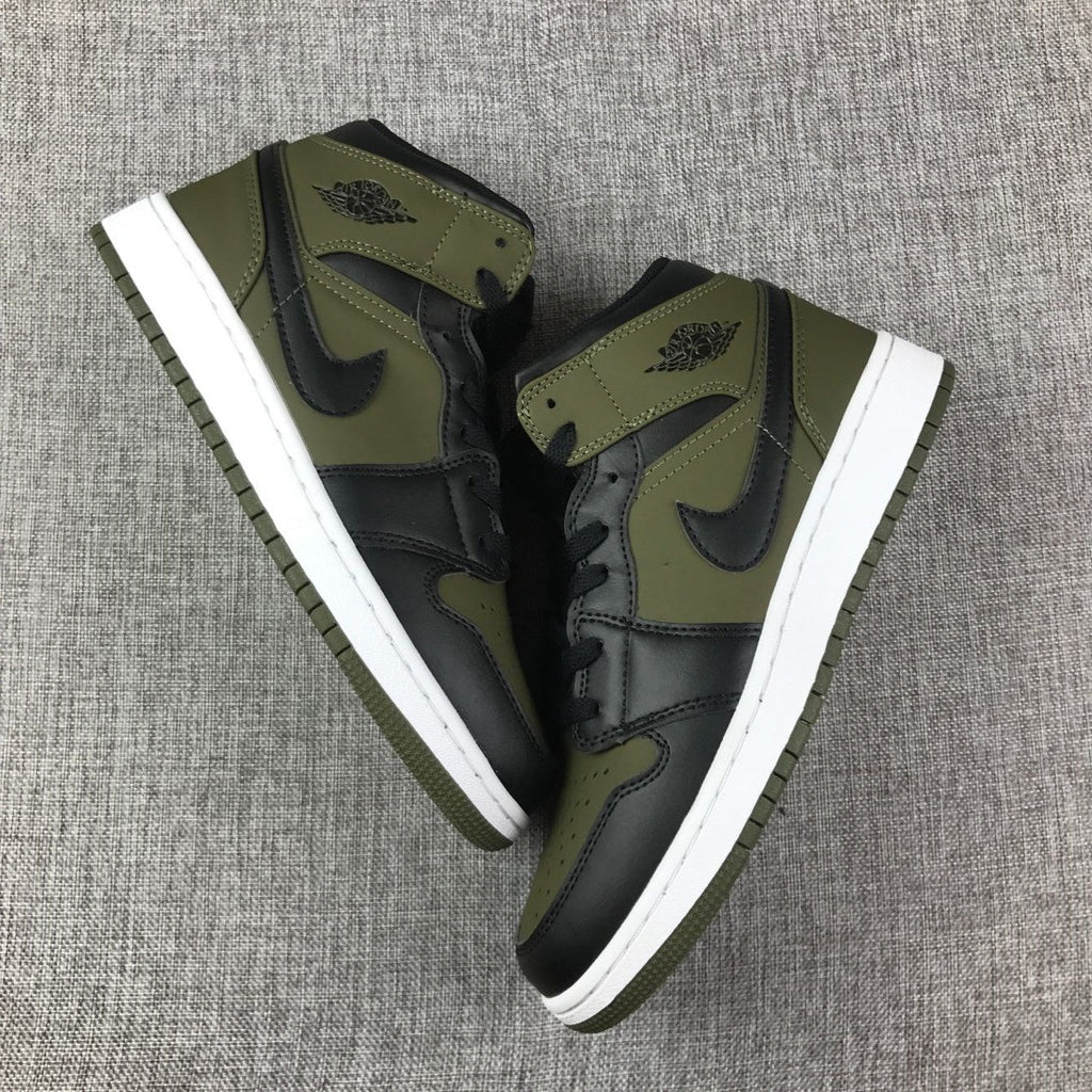 Black and Olive Green Jordan 1 Mid Sneakers - product image from the listing.