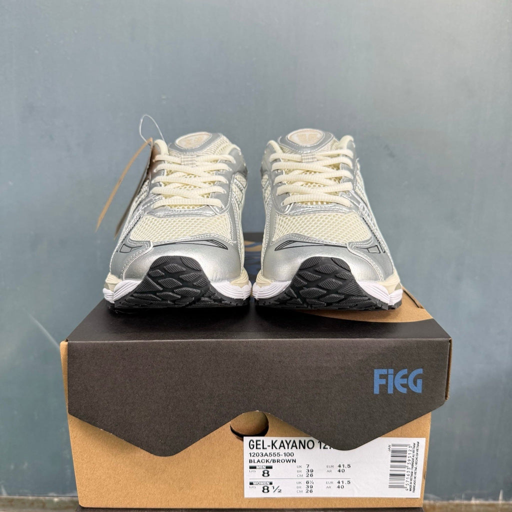 ASICS Gel-Kayano 12.1 Sneakers in Silver and Brown 1203A555-100 - product image from the listing.