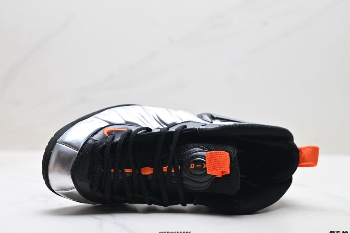 Nike Air Foamposite Max Sneakers in Black Silver Orange - product image from the listing.