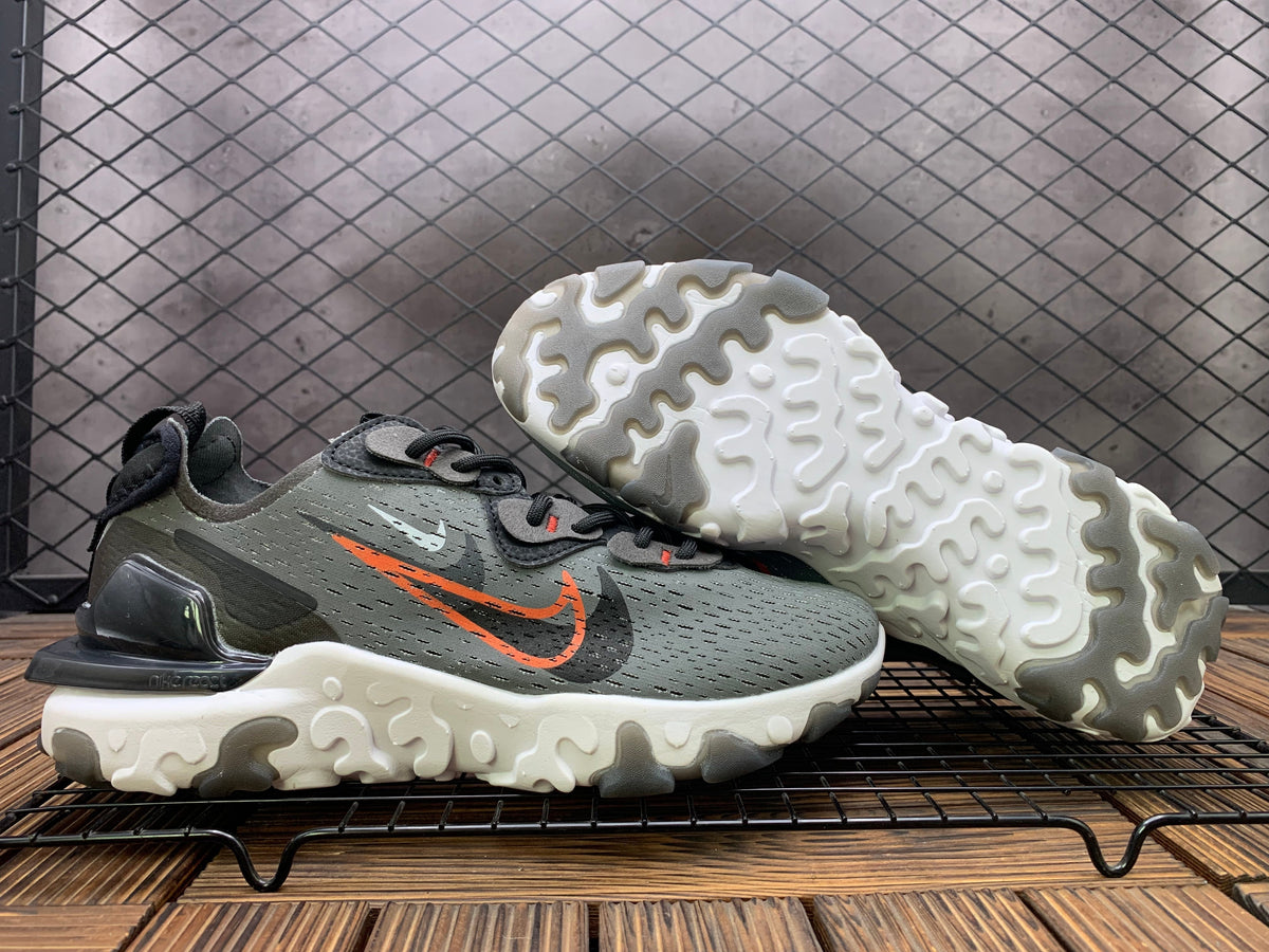 Nike React Sneakers, in Charcoal Gray and Orange - product image from the listing.