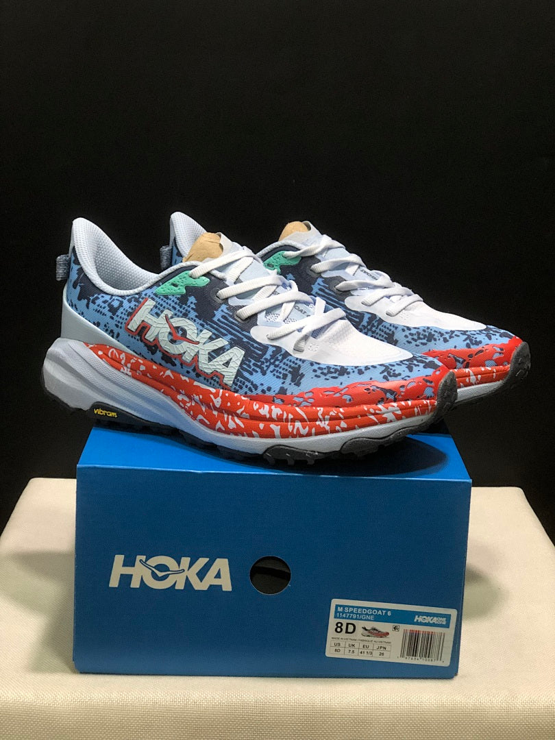 HOKA Speedgoat 6 Trail Running Shoes, in Blue and Orange - product image from the listing.