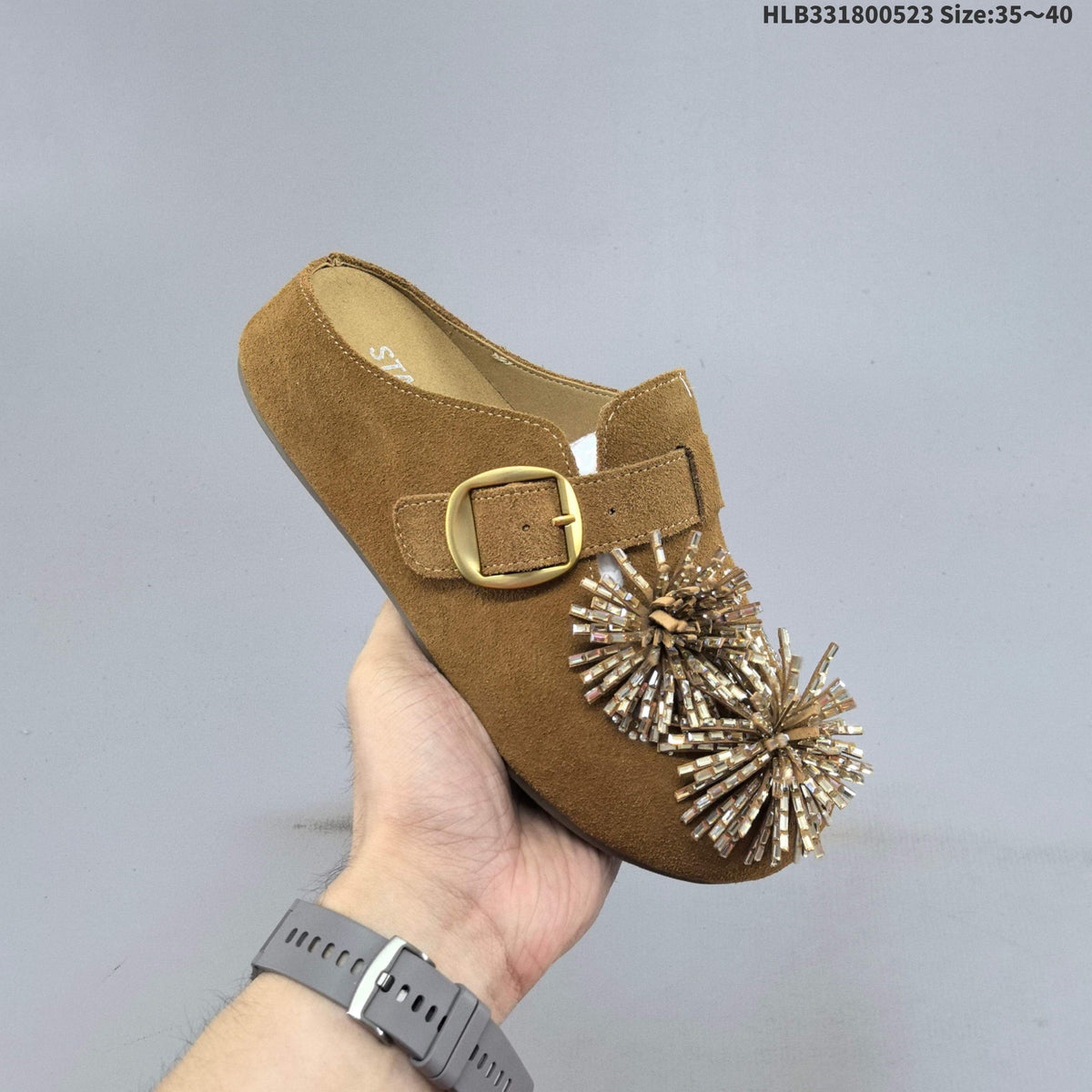Embellished Brown Backless Slip-On Clogs with Buckle - product image from the listing.