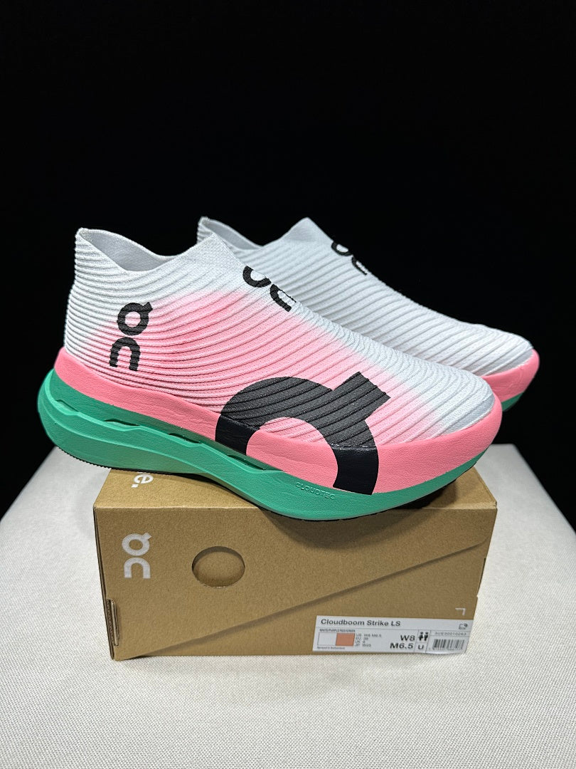 On Cloudboom Strike LS Running Shoes, in White Pink Green - product image from the listing.