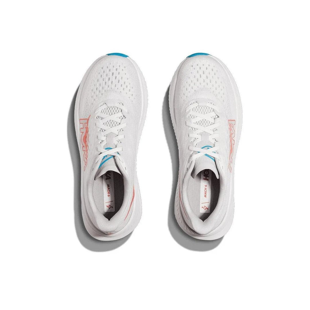 HOKA Mach 6 Running Shoes, White with in Coral and Blue - product image from the listing.