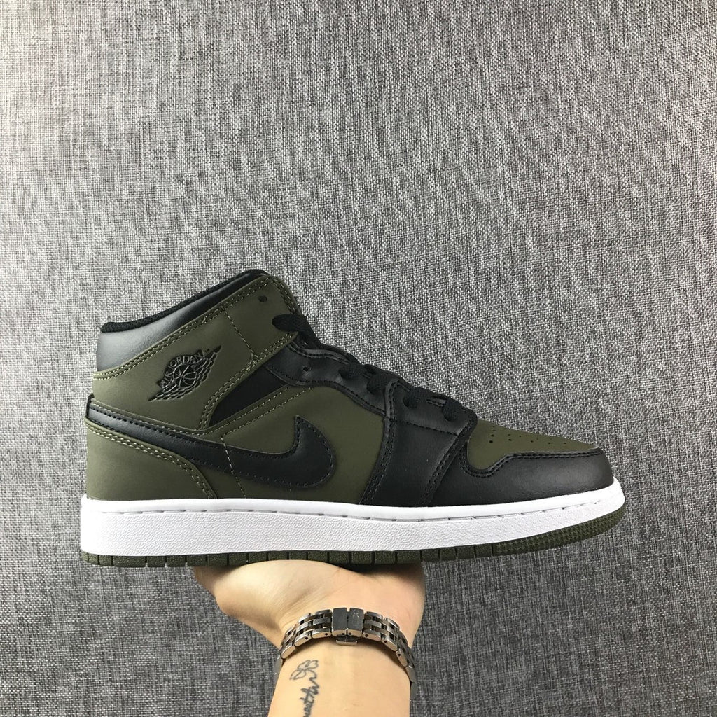 Black and Olive Green Jordan 1 Mid Sneakers - product image from the listing.