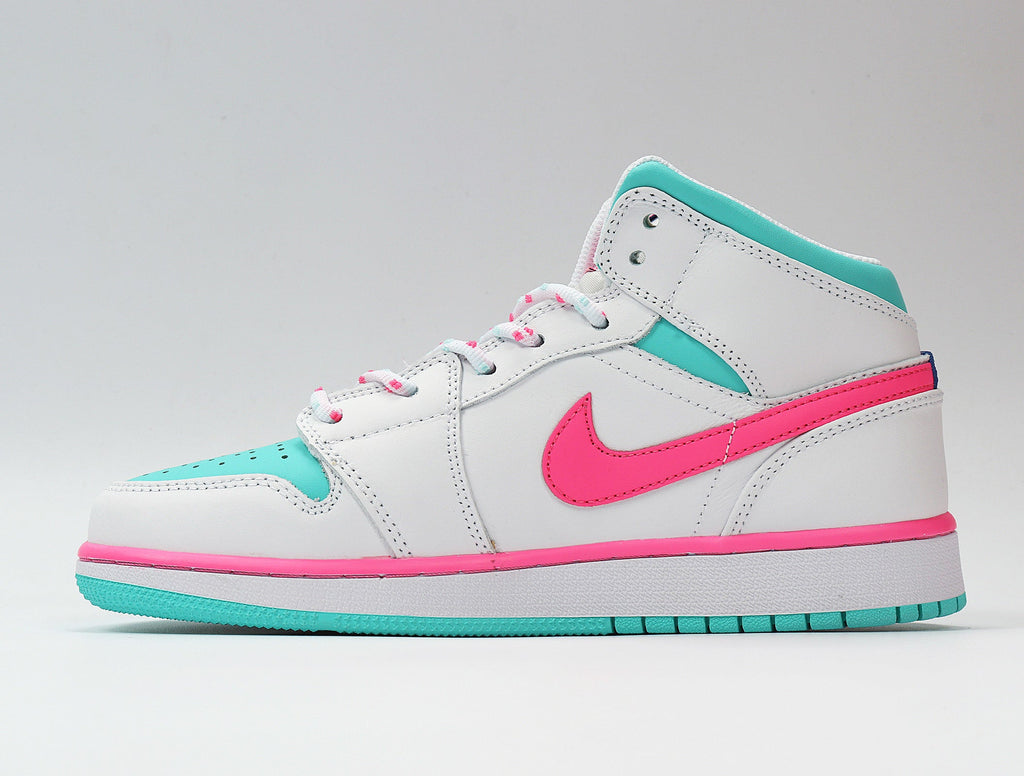 Jordan 1 Mid Sneakers in White Pink Aqua 555112-102 - product image from the listing.