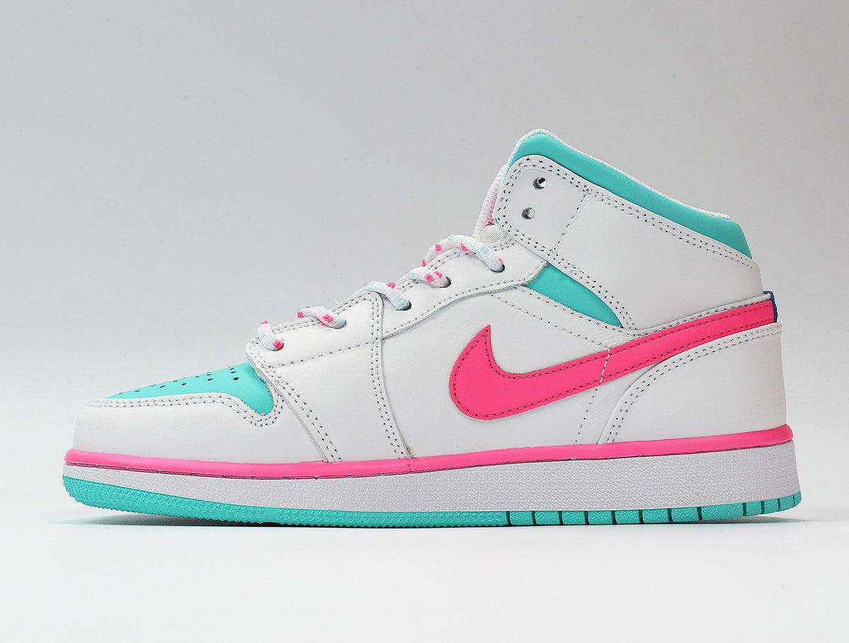 Jordan 1 Mid Sneakers in White Pink Aqua 555112-102 - product image from the listing.