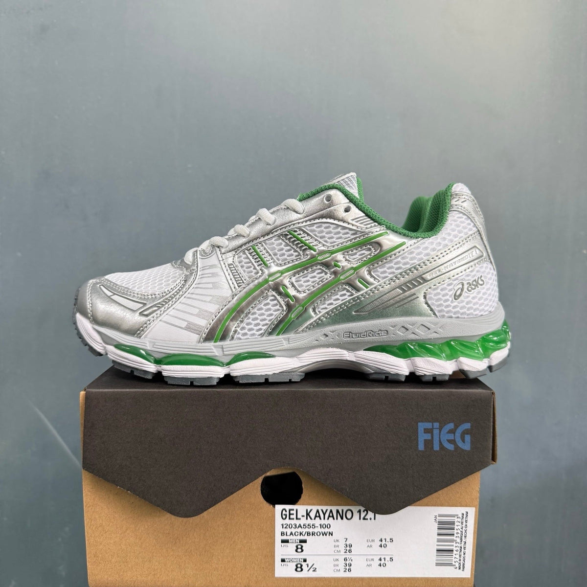 ASICS GEL-KAYANO 12.1 Sneakers in White Silver Green - product image from the listing.