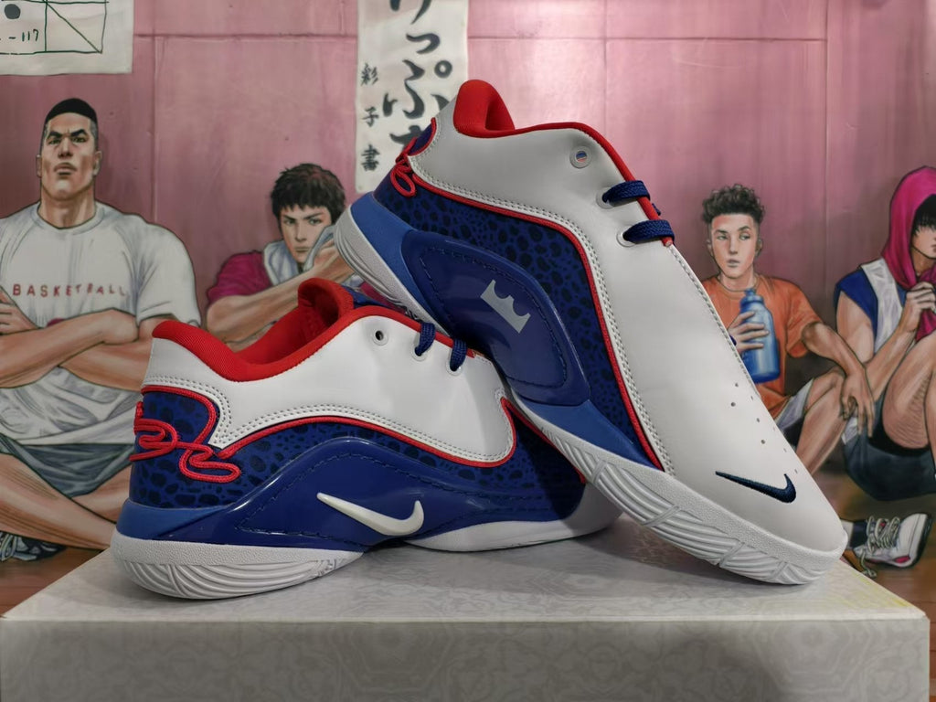 Nike Basketball Shoes in White Blue Red - product image from the listing.
