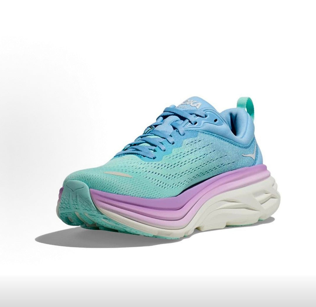 HOKA Bondi 8 Running Shoes in Blue, in Mint and Purple - product image from the listing.