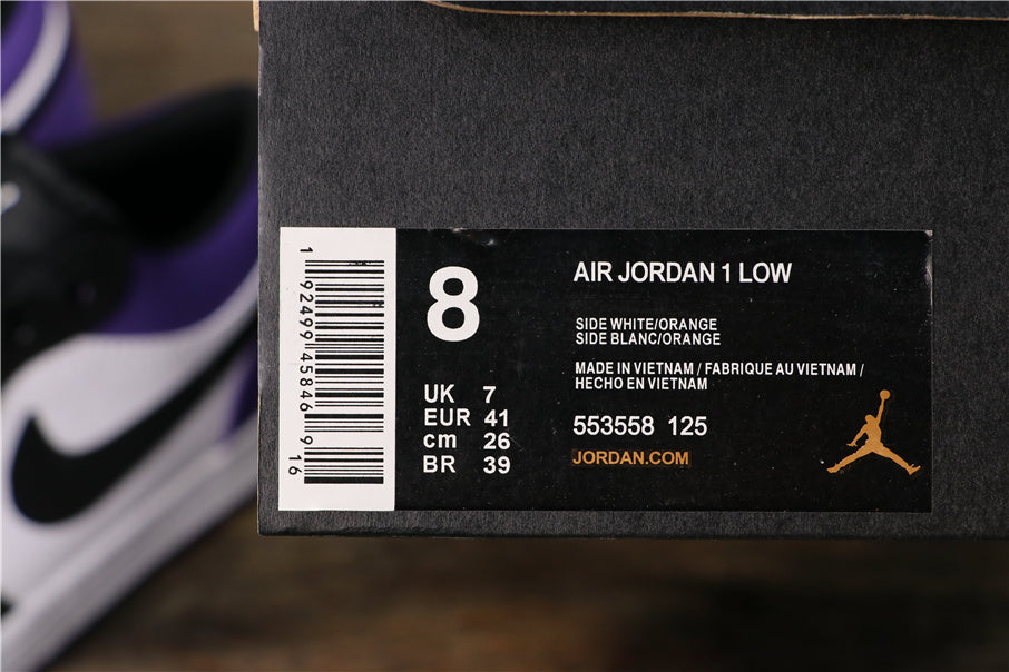 Jordan 1 Low in Black White Purple 553558-125 - product image from the listing.