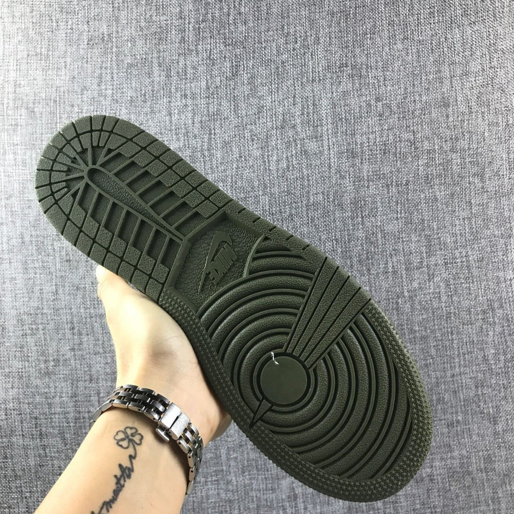 Black and Olive Green Jordan 1 Mid Sneakers - product image from the listing.
