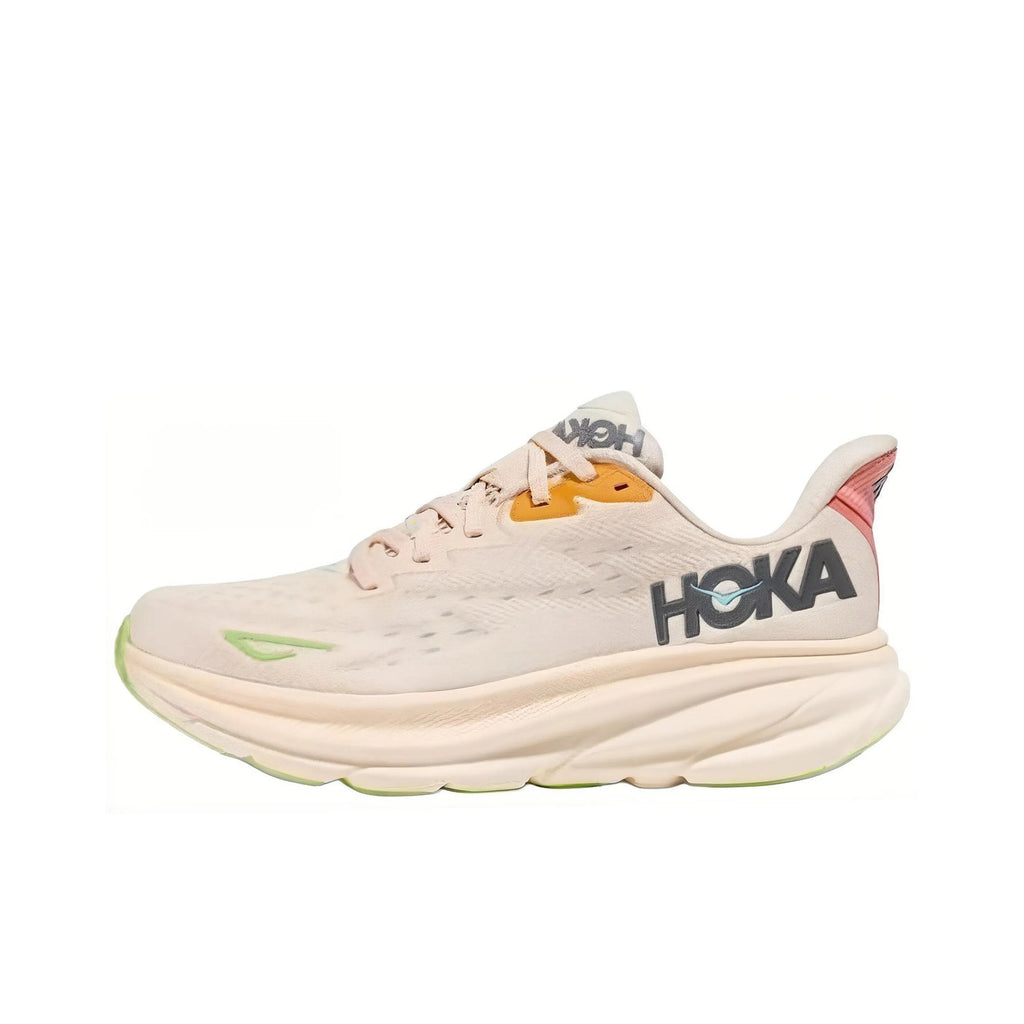 Cream and Green HOKA Clifton 9 Running Shoes - product image from the listing.