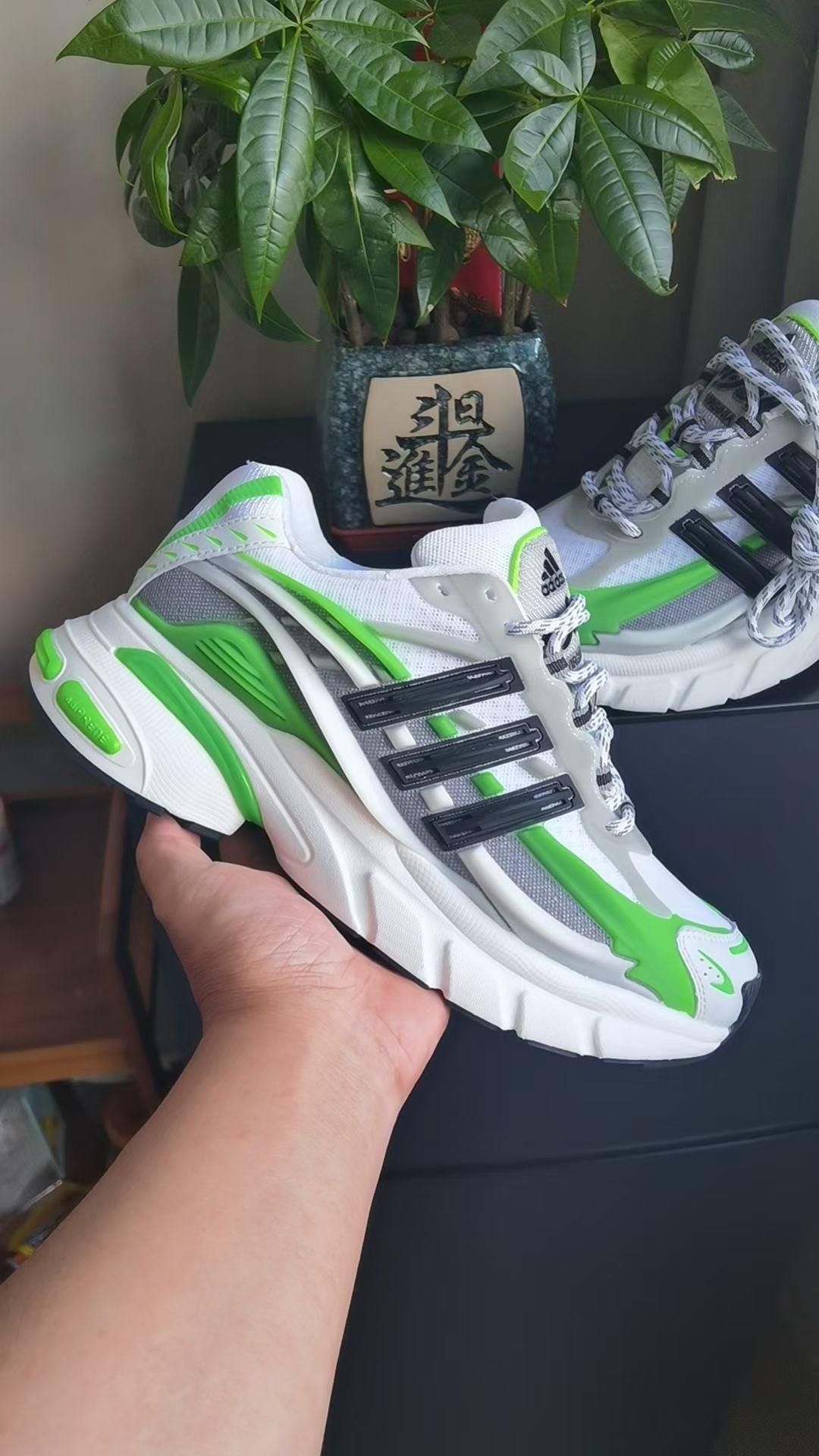 adidas White and Green Running-Inspired Trainers - product image from the listing.