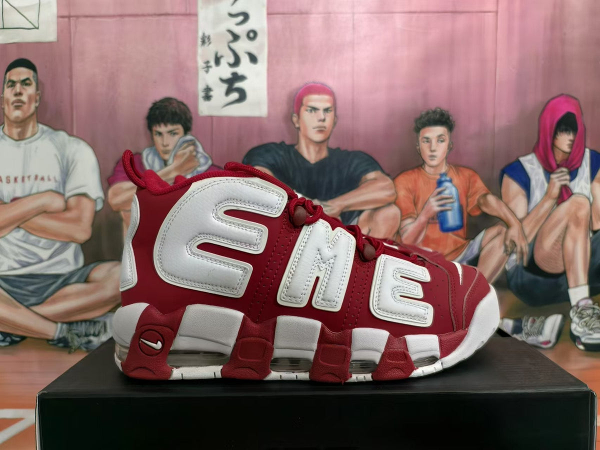 Nike Air More Uptempo Basketball Sneakers in Red and White - product image from the listing.