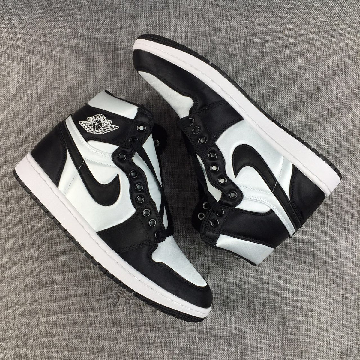 Black and White Satin-Style Sneakers - Air Jordan 1 High - product image from the listing.