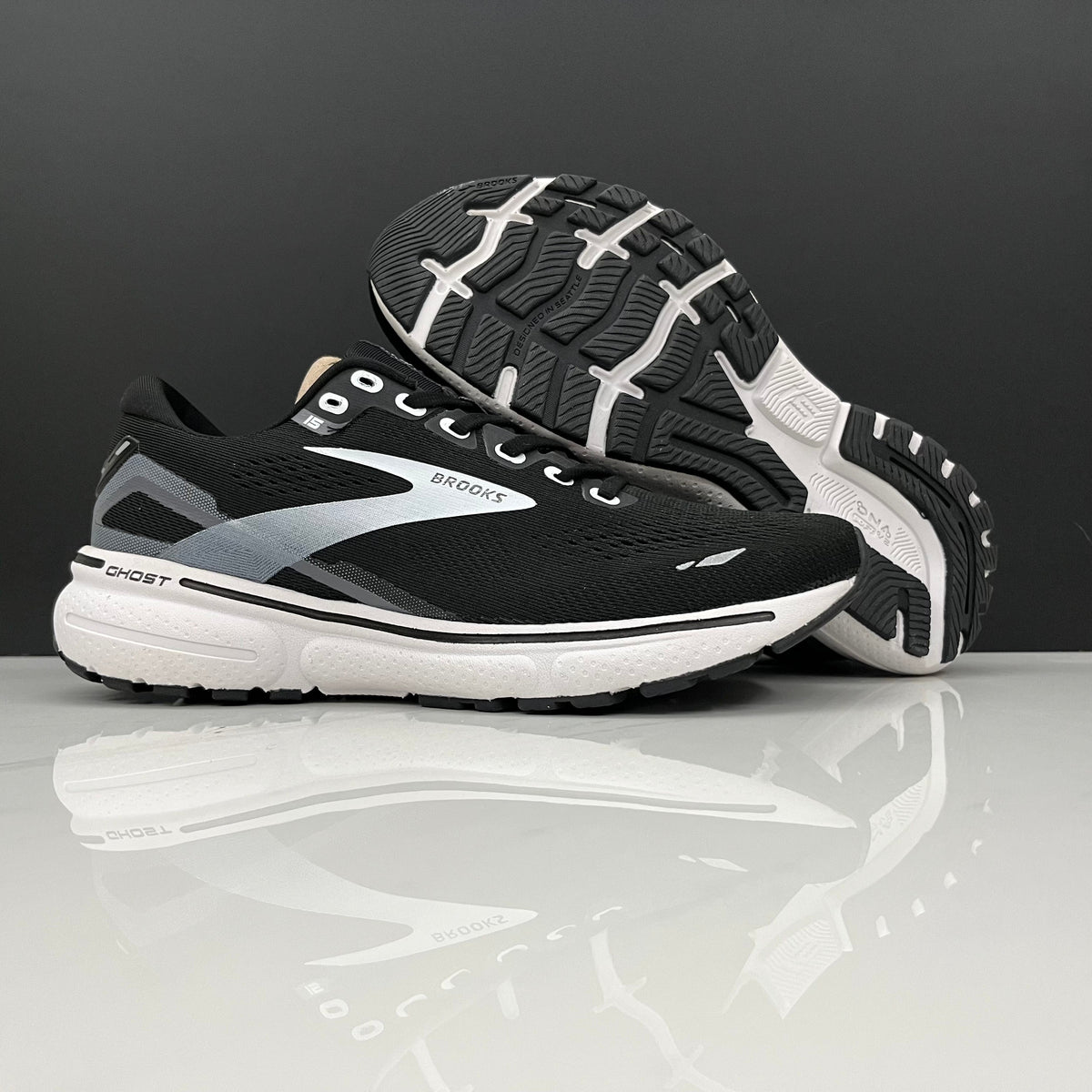 Brooks Ghost 15 Running Shoes, in Black and White - product image from the listing.