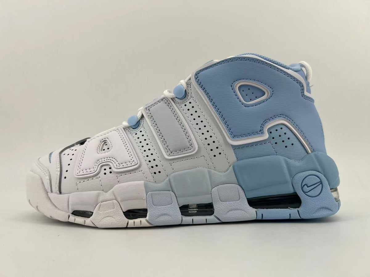 Nike Air More Uptempo Trainers, White and Light Blue, DJ5159-400 - product image from the listing.