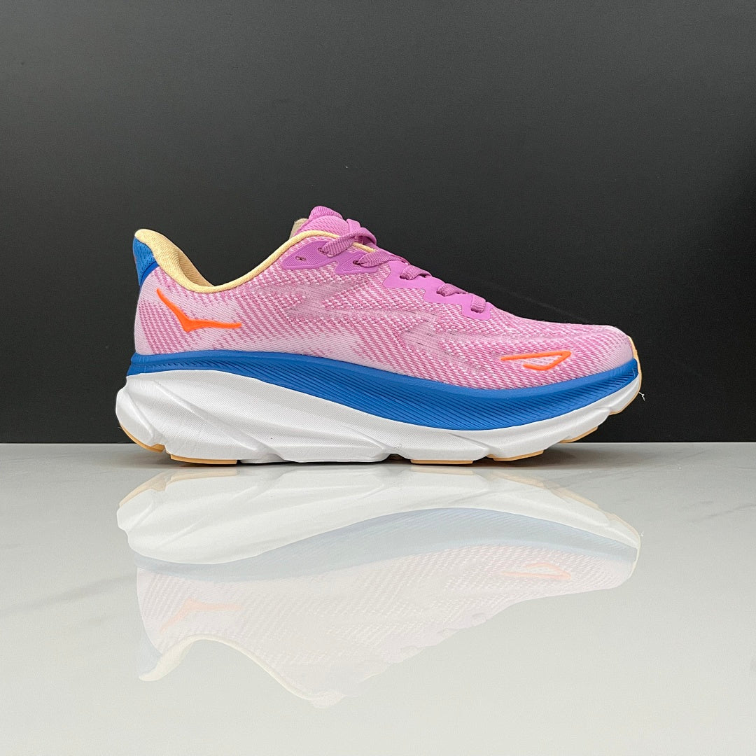 HOKA Clifton 9 Running Shoes, in Pink and Blue - product image from the listing.