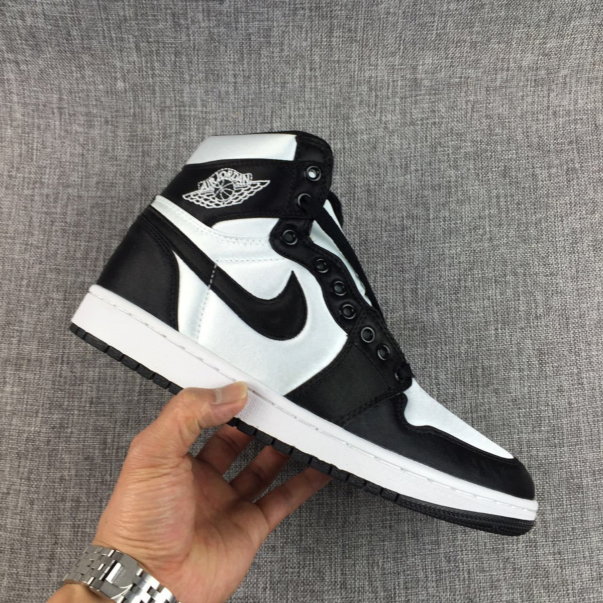 Black and White Satin-Style Sneakers - Air Jordan 1 High - product image from the listing.