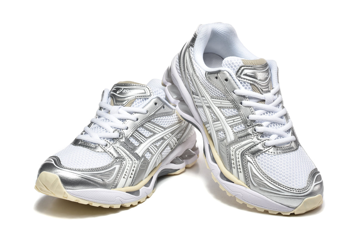 White and Silver ASICS Gel-Kayano 14 Sneakers - product image from the listing.