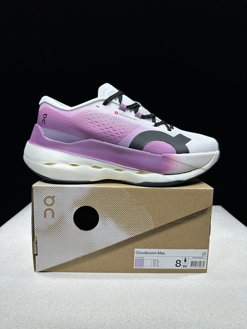 On Cloudboom Max Running Sneakers in White Purple - product image from the listing.