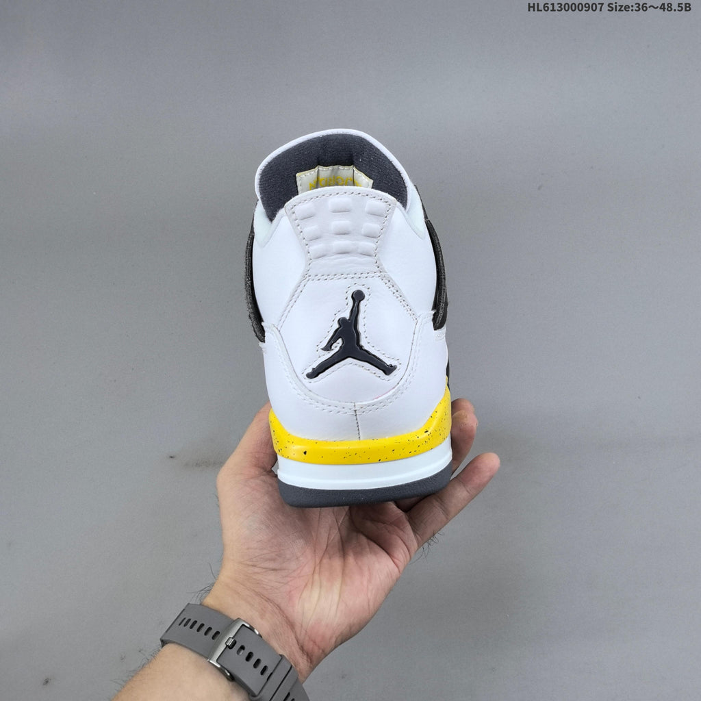 Air Jordan 4 Retro White Yellow Black Sneakers - product image from the listing.