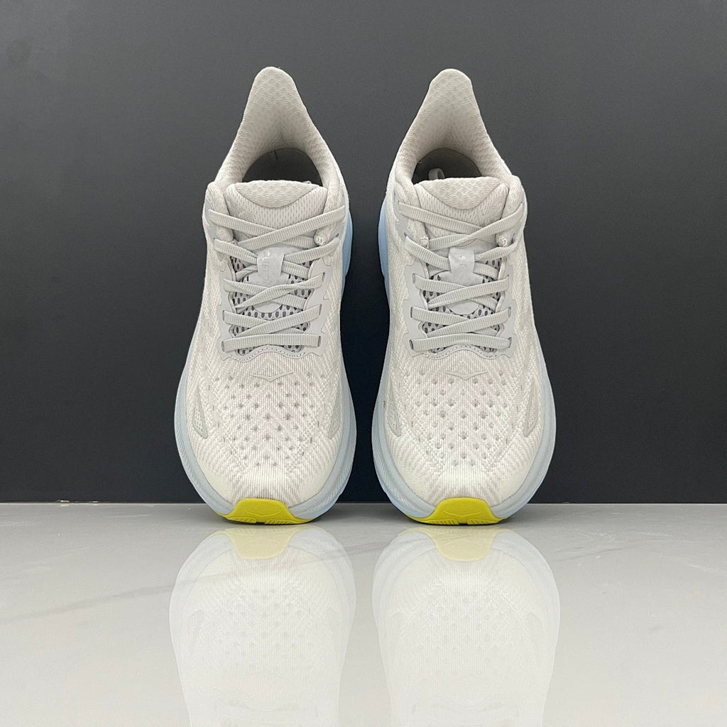 Gray and Blue HOKA Clifton 9 Running Shoes - product image from the listing.