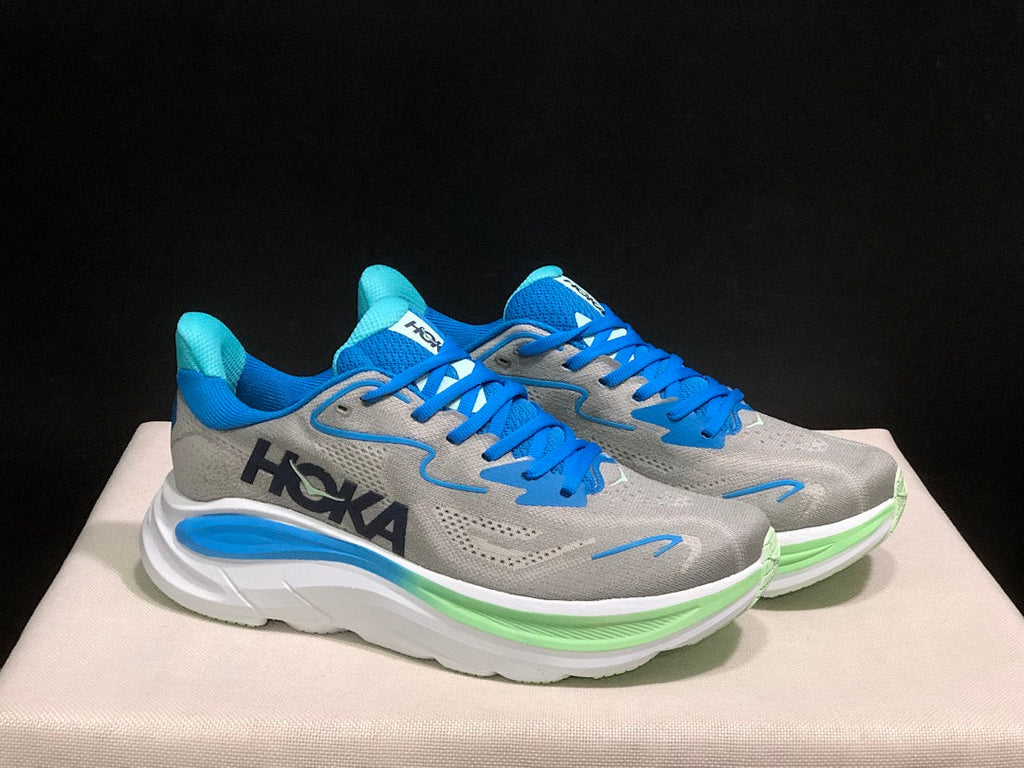 Gray and Blue HOKA Clifton 10 Running Shoes - product image from the listing.