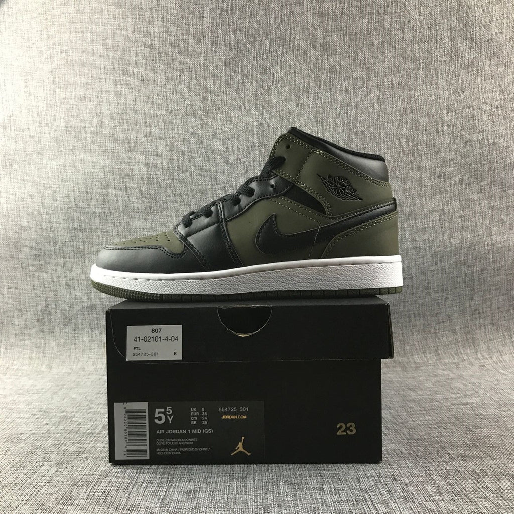 Black and Olive Green Jordan 1 Mid Sneakers - product image from the listing.