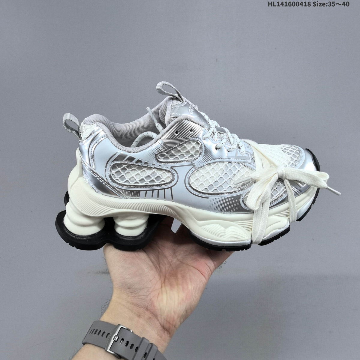 Chunky Platform Trainers in Silver and White with Mesh Panels - product image from the listing.