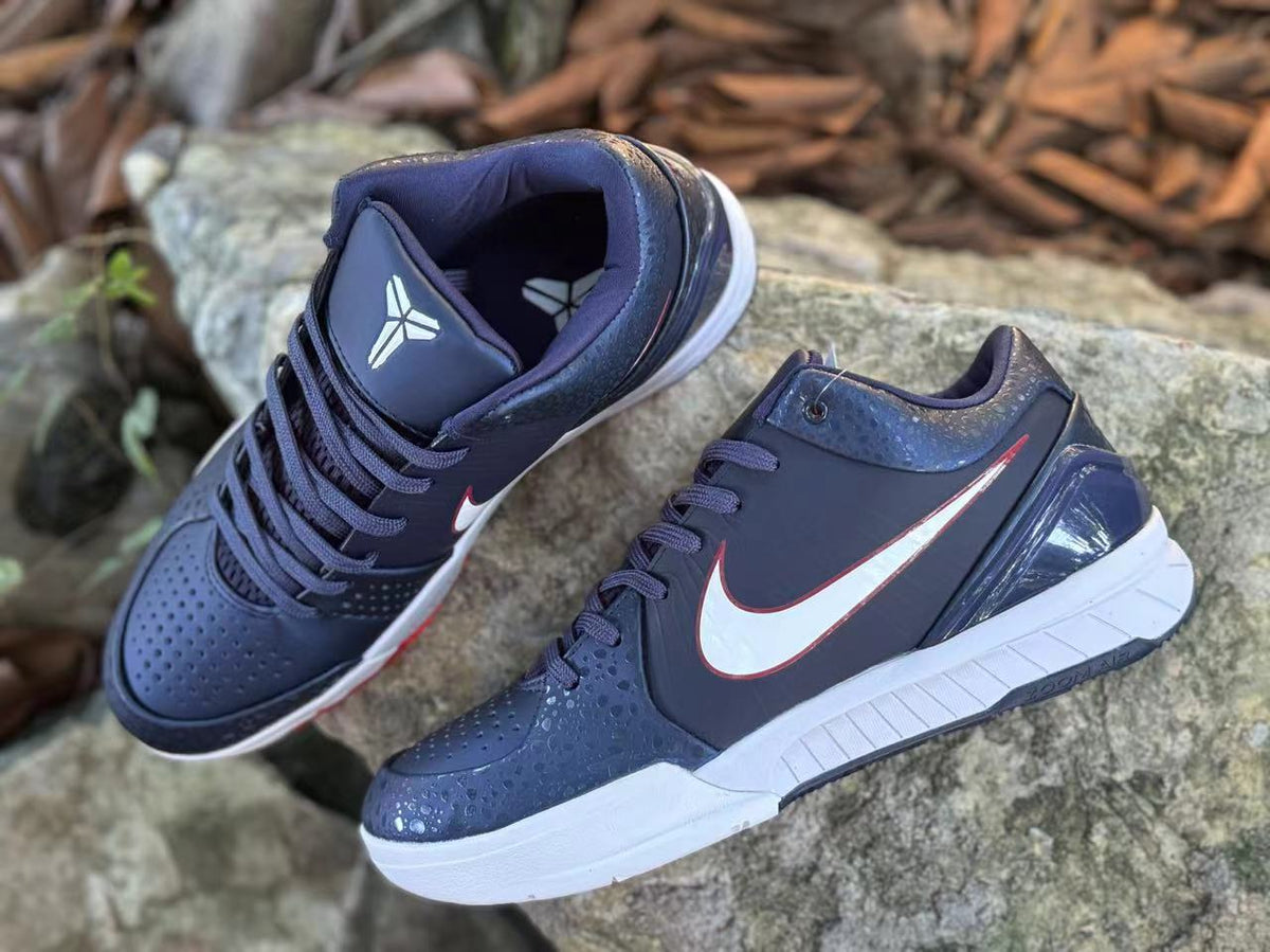 Nike Kobe 4 Basketball Footwear, Navy White Red Paris Colorway - product image from the listing.