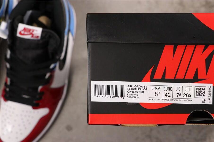 Air Jordan 1 Fearless High-Top Sneakers in Red, in White and Blue - product image from the listing.