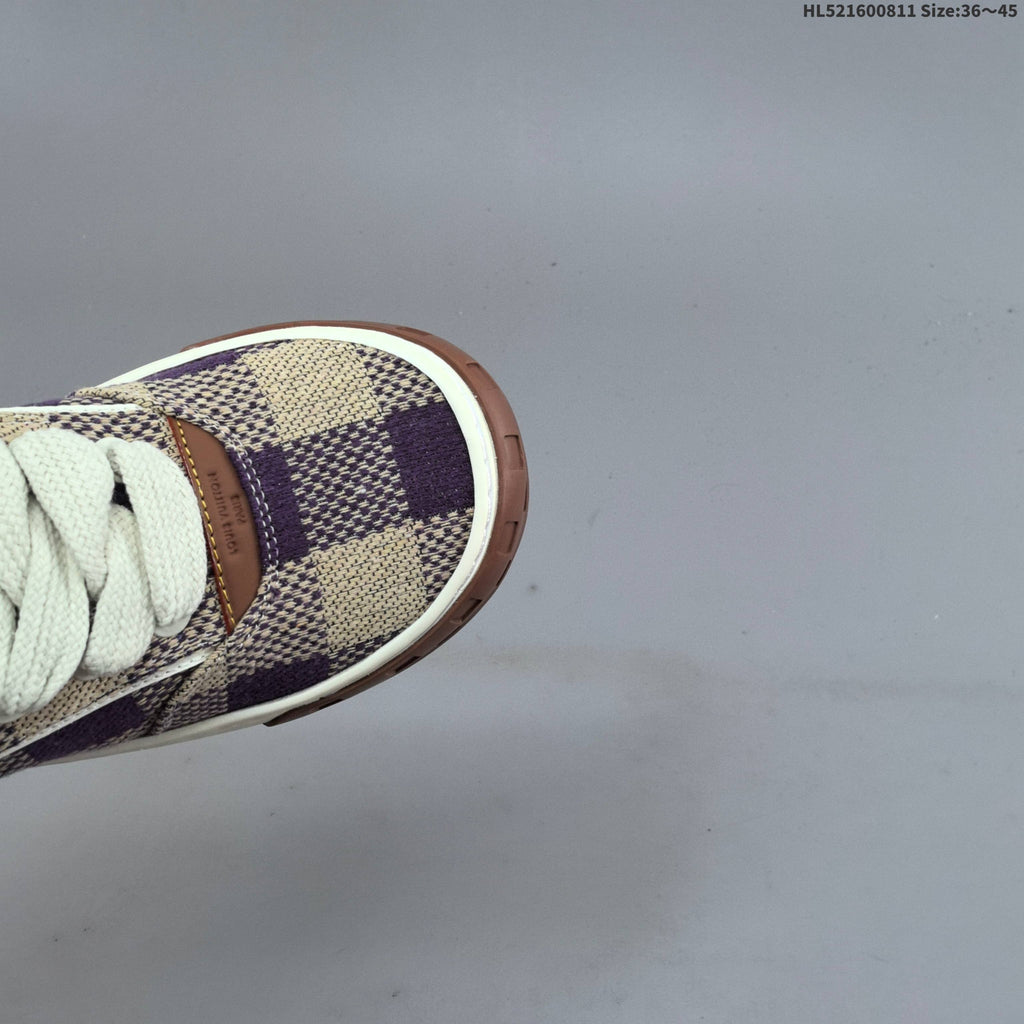 Louis Vuitton Trainer Low Trainers in Purple and Beige Check - product image from the listing.