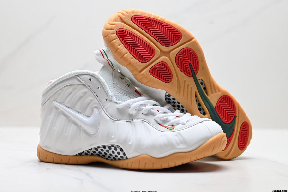 Nike Air Penny Foamposite Sneakers in White and Gum - product image from the listing.