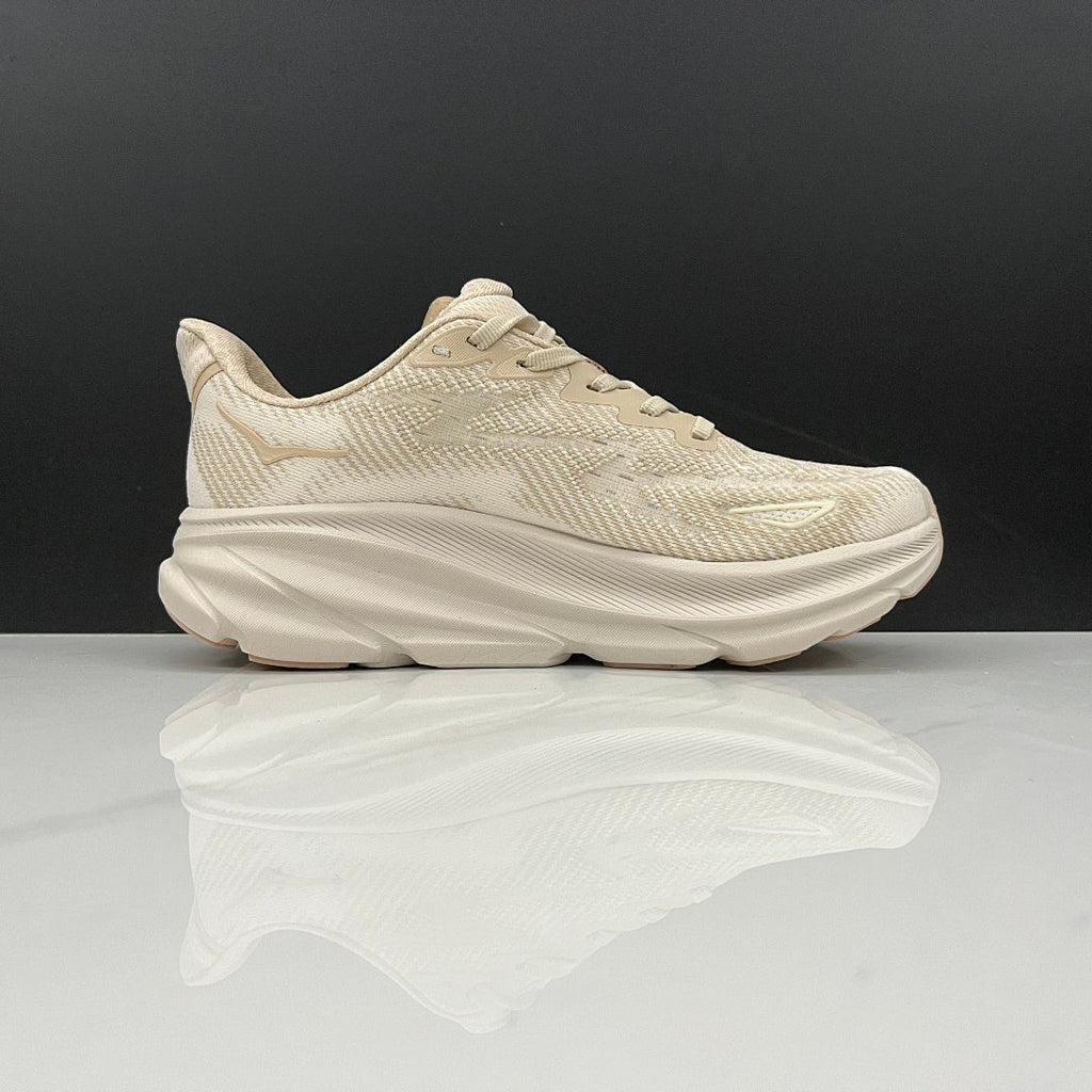 Beige and Tan HOKA Clifton 9 Running Shoes - product image from the listing.