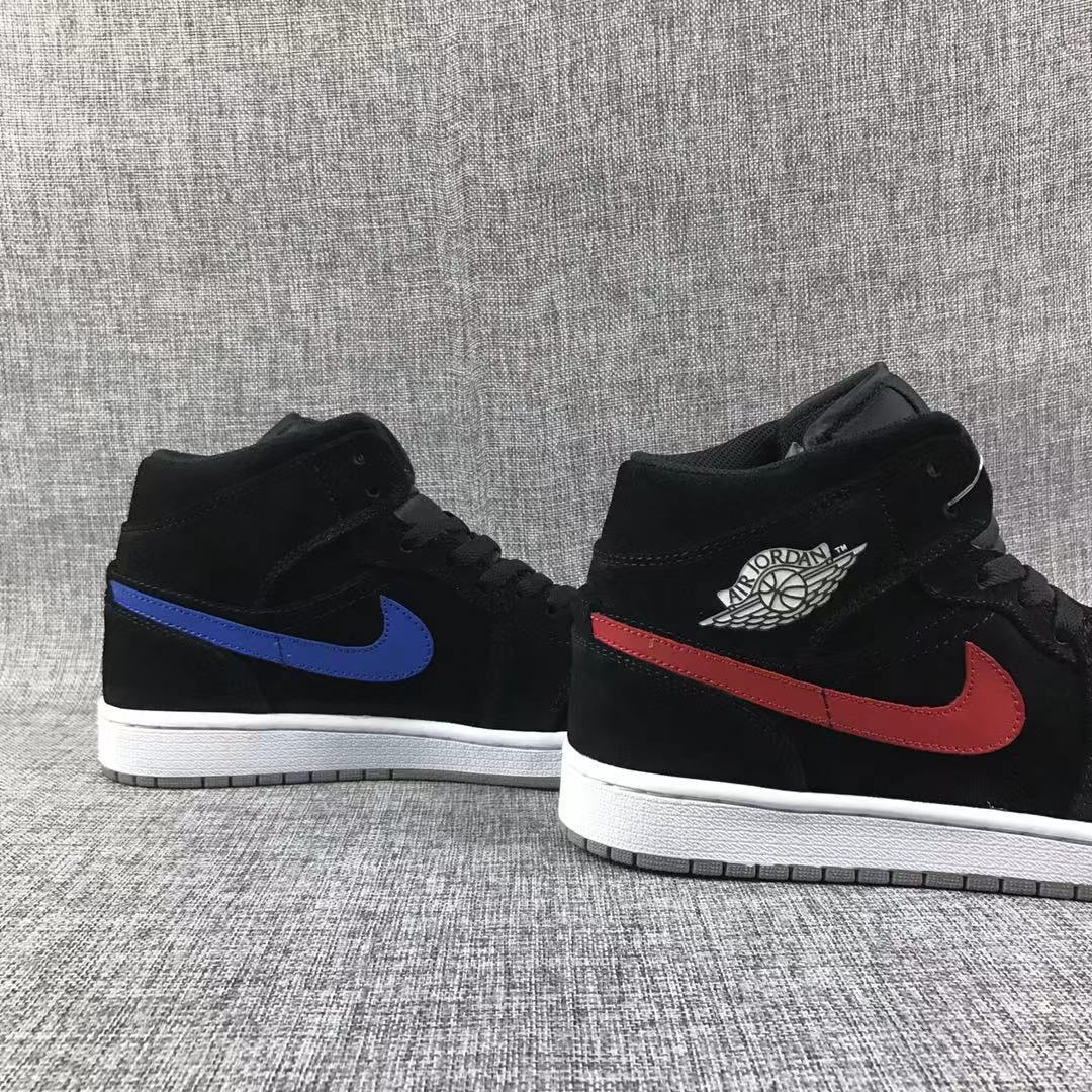 Jordan 1 Mid Sneakers in Black Red Blue 554724-065 - product image from the listing.