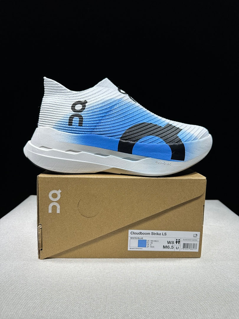 On Cloudboom Strike LS Running Shoes, in White and Blue - product image from the listing.