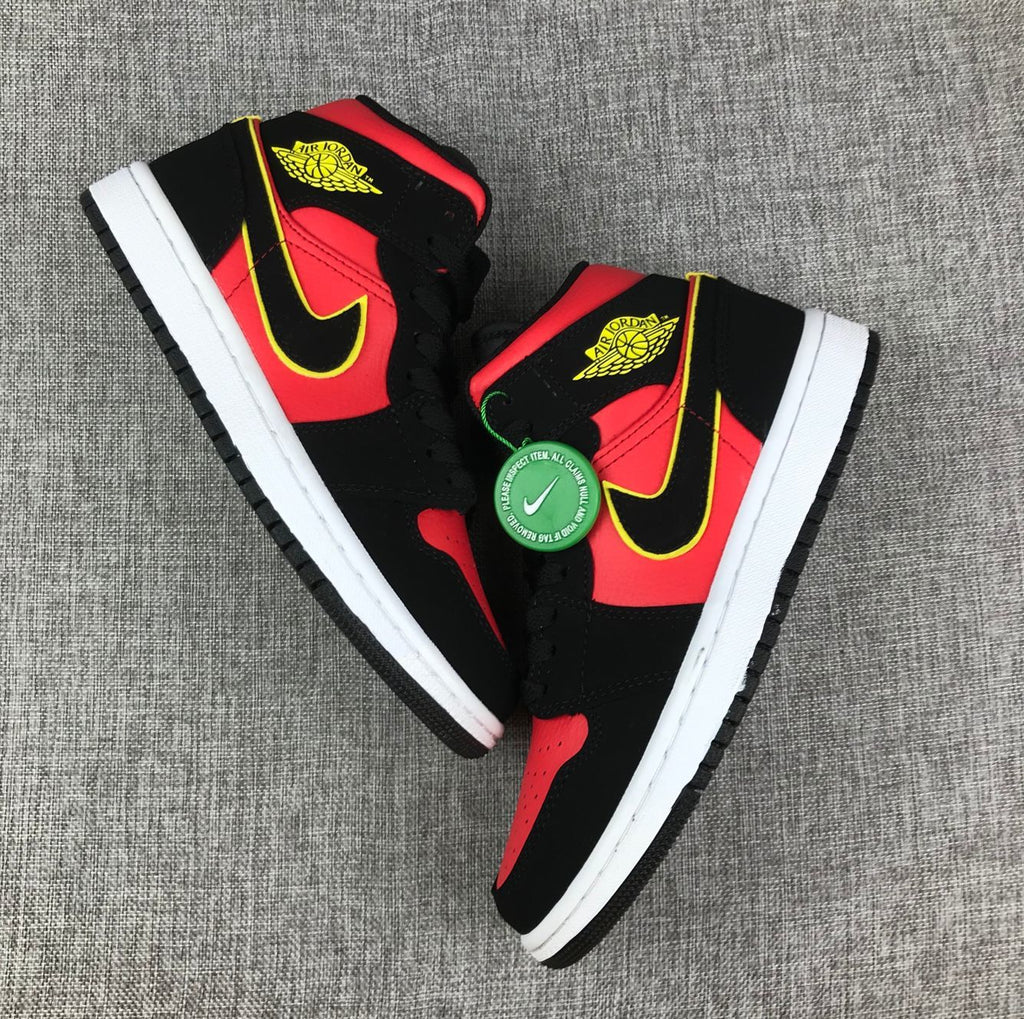 Air Jordan 1 Mid Black, Sneakers in Red and Volt - product image from the listing.