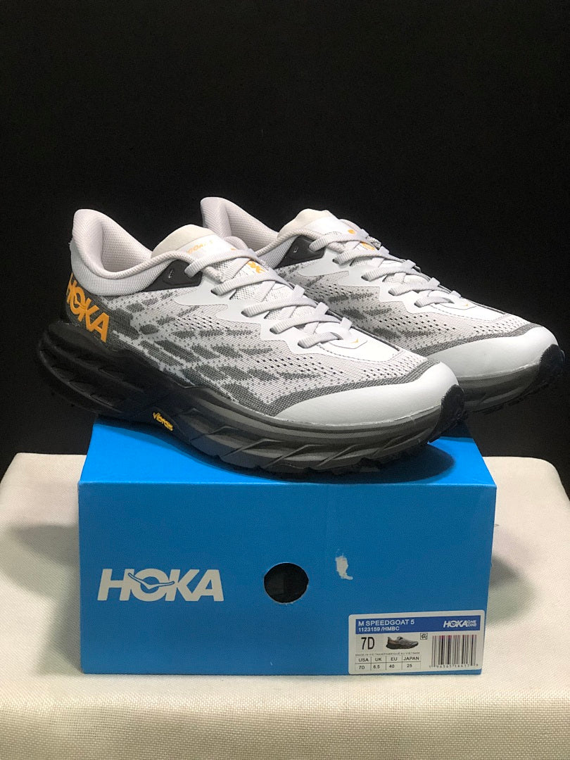 HOKA Speedgoat 5 Trail Running Shoes in White Gray - product image from the listing.