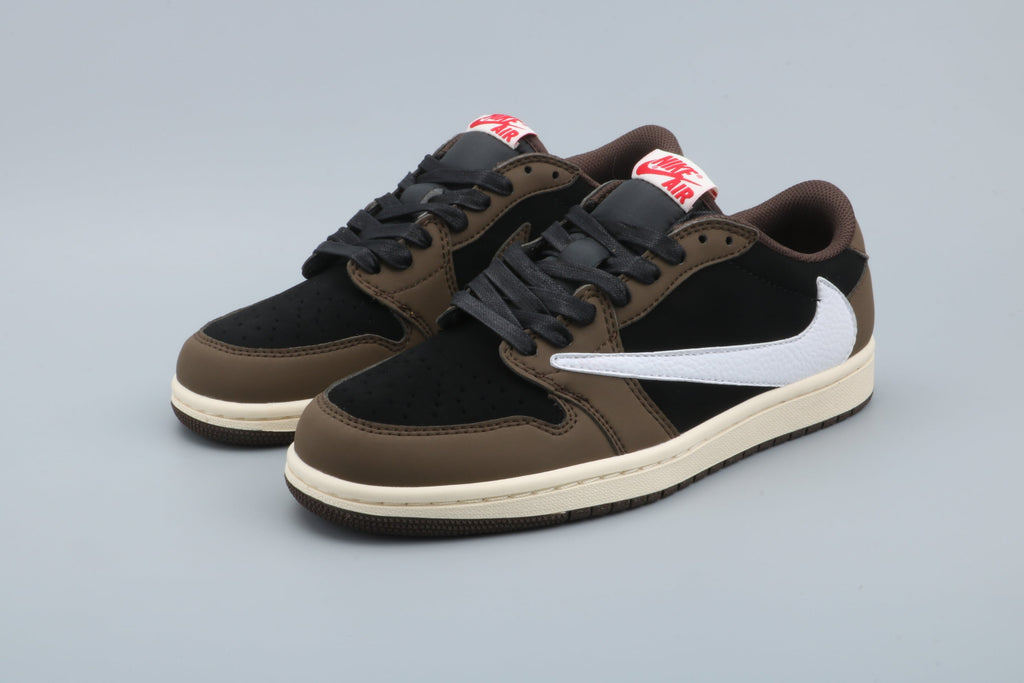 Black and Brown Sneakers with White Swoosh - Jordan 1 Low - product image from the listing.