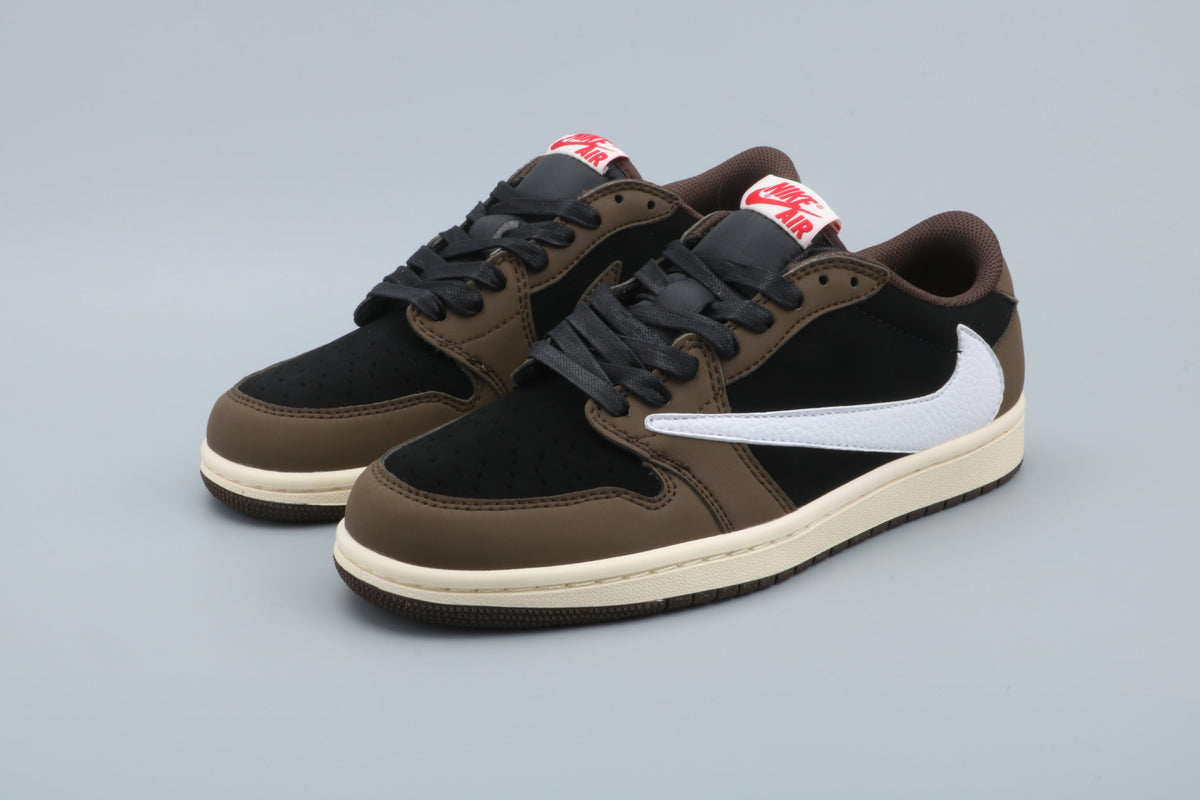 Black and Brown Sneakers with White Swoosh - Jordan 1 Low - product image from the listing.
