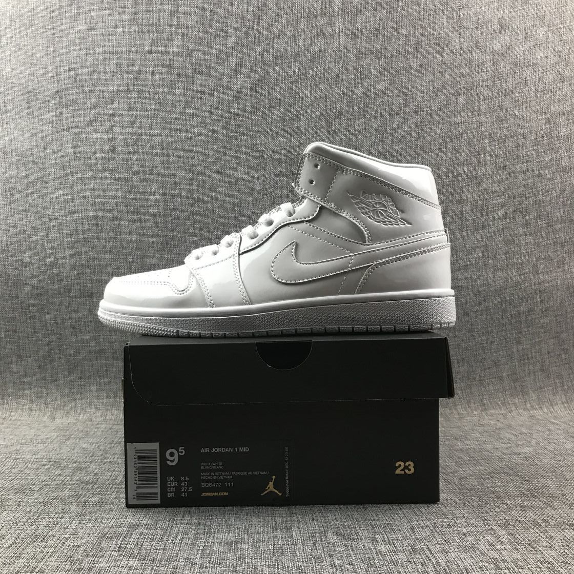 Air Jordan 1 Mid White Patent-Style Sneakers BQ6472-111 - product image from the listing.