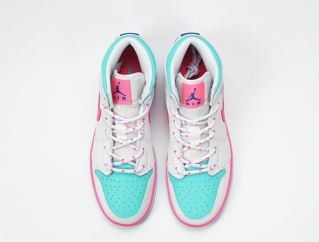 Jordan 1 Mid Sneakers in White Pink Aqua 555112-102 - product image from the listing.