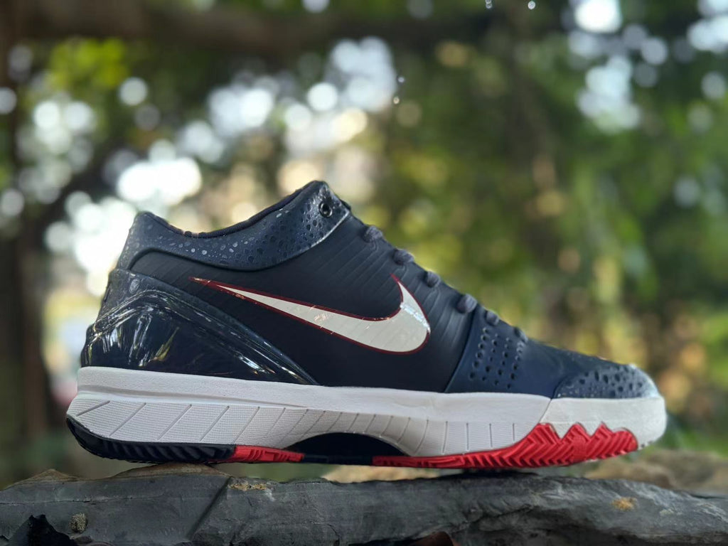 Nike Kobe 4 Basketball Footwear, Navy White Red Paris Colorway - product image from the listing.